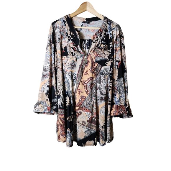 COCOMO Black Tan Mixed Media Quarter Zip Boho Retro Stretch Tunic Top SZ 3X - Picture 1 of 10